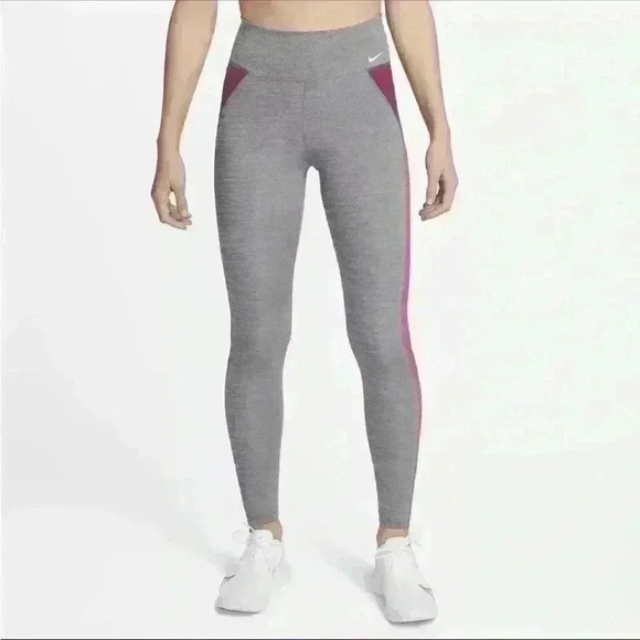 NWT Nike One Women's Grey/Heather/ Pink Mid-Rise Color-Block Leggings Sz L - Picture 1 of 11